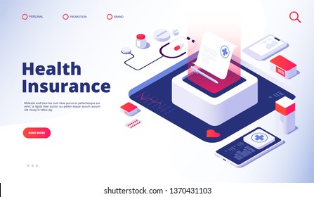 Health Insurance Landing. Healthcare Personal Plan Family Medical Life Insurance Save Money Policy Hospital Economy Vector Concept