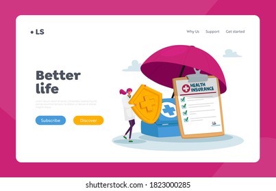 Health Insurance Landing Page Template. Tiny Doctor Character Holding Huge Golden Shield with Cross under Umbrella. Life Protection, Secure or Financial Guarantee Contract. Cartoon Vector Illustration