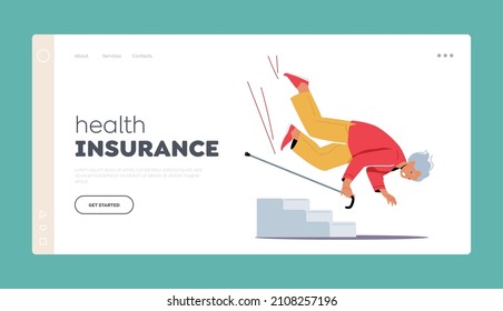 Health Insurance Landing Page Template. Senior Female Character with Walking Cane Slip on Stairs Falling Down, Old Woman Clumsiness, Injury, Failure, Safety. Cartoon People Vector Illustration