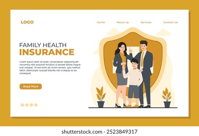 Health insurance landing page template concept. web banner Medical insurance illustration of family life insurance