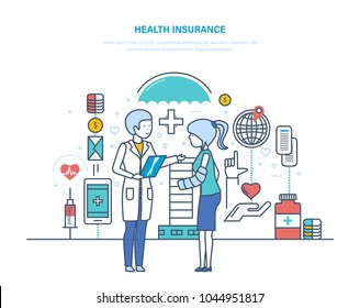 Health insurance. Insurance life and accidents. Medical care, health protection, healthcare system, first aid, protect, guarantee safety patients. Medicine mobile app. Illustration thin line design.