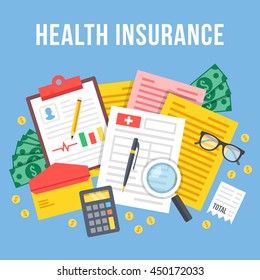 Health insurance, life insurance calculation concept. Top view. Modern flat design graphic elements and icons set for web banners, websites, infographics. Blue background. Creative vector illustration