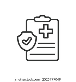 Seguro de salud, en línea de diseño. Seguro de salud, cobertura médica, Plan de salud, titular de la póliza, prima, atención médica, tarjeta de seguro sobre Vector de fondo blanco. Icono de golpe editable del seguro de salud