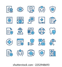 Health insurance line icons. Blue color. Vector line icons set