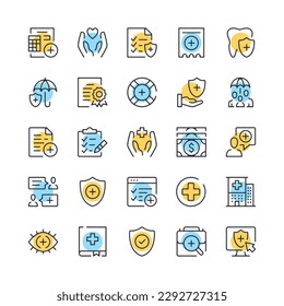 Health insurance line icons. Set of medical insurance icons. Black, blue and yellow colors. Modern outline graphic design. Vector line icons set