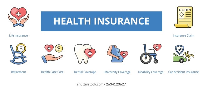 Health Insurance Lineal Color Banner Web Icon Set Vector Illustration