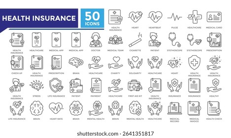 Health insurance lineal icon set collection. This set includes psychology, nurse, anxiety, checkup, policy and more icons in 
lineal style. Vector icons collection for websites and infographics