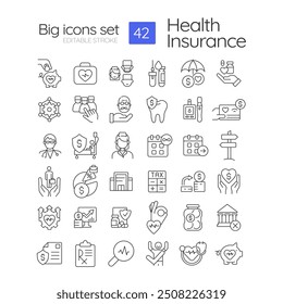 Health insurance linear icons set. Medical coverage. Financial protection. Health plans. Patient care. Customizable thin line symbols. Isolated vector outline illustrations. Editable stroke