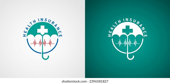 Health insurance logo design template with umbrella vector symbol and heartbeat icon