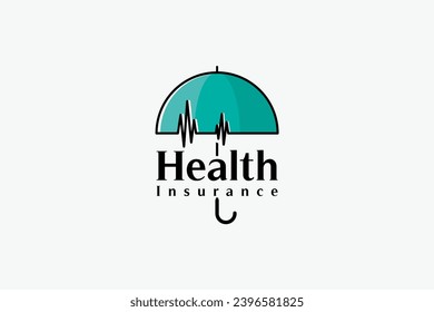 Health insurance logo design with umbrella vector symbol and modern heartbeat icon