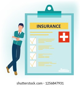 Health insurance. Man in waistcoat standing cross-legged near the signed health insurance policy. Human life insurance. Healthcare concept. Vector illustration in flat cartoon style.