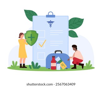 Health insurance, medical care and protection of patient. Tiny people holding security shield with cross and case of first aid kit, big claim form, agreement on clipboard cartoon vector illustration