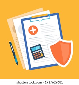 Health insurance. Medical insurance. Clipboard with medical document, shield, calculator and pen. Health care concepts. Flat design. Vector illustration