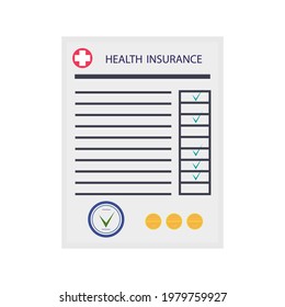 Seguro de salud, forma médica. Documento en papel de registro de pago con descuento y sello. Cobertura de seguros o pago de dinero en caso de enfermedad. Protección de la salud. Ilustración vectorial.