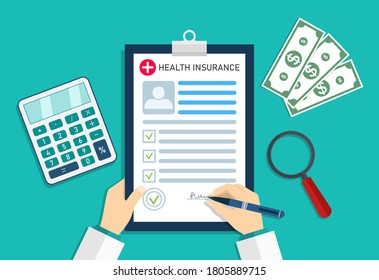 Health Insurance. Medical Insurer With Form Of Healthcare. Doctor In Hospital With Money And Calculator. Cost And Bill On Insurance For Patient. Medicine Checklist In Document. Icon Of Clinic. Vector.