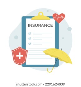 Health insurance, medical insurance. Medicine and healthcare concept. Clipboard, umbrella, shield, medical check form report. Isolated vector illustration