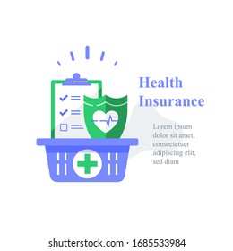 Health insurance, medical program, checklist clipboard and shield, annual checkup, sick leave, vector icon