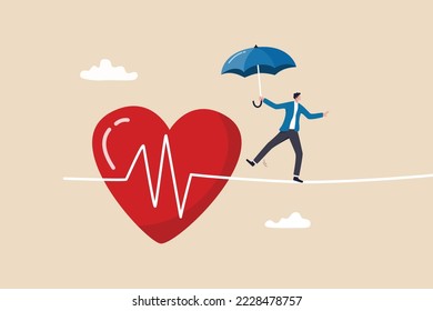 Health insurance, medical risk or healthcare protection, patient security or disease and illness care concept, strong man with umbrella protection walk on risky heart pulse rate as rope walking.