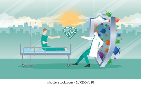 Health insurance and Medical service concept. Medical health protection of doctor protect against virus by a shield in a hospital ward. With a thumb up and health symbolic for confidence of patient.