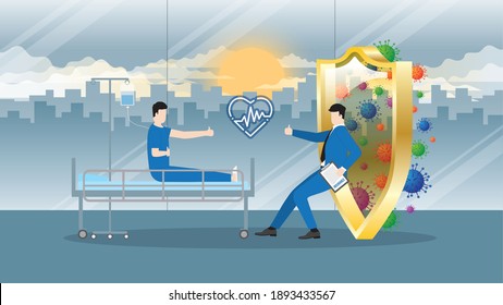 Health insurance and Medical service concept. Medical health protection of Insurance agent against virus by a shield in a hospital ward. With a thumb up and health symbolic for confidence of patient.