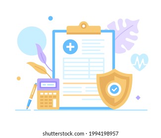 Health insurance, medical insurance. Vector illustration. Clipboard with medical form, calculator and shield with check mark. Healthcare, health plan concepts