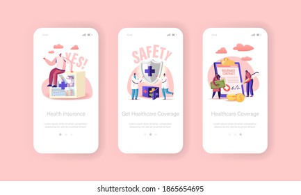 Health Insurance Mobile App Page Onboard Screen Template. Tiny Characters Fill Huge Policy Document, Doctors Holding Protective Shield, Medical Safety Concept. Cartoon People Vector Illustration