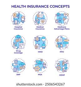 Health insurance multi color concept icons. Medical coverage. Hospital insurance. Health plans. Healthcare provider. Icon pack. Vector images. Round shape illustrations. Abstract idea