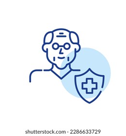 Health insurance for older people. Elderly man wearing glasses. Medical care coverage. Pixel perfect, editable stroke line icon