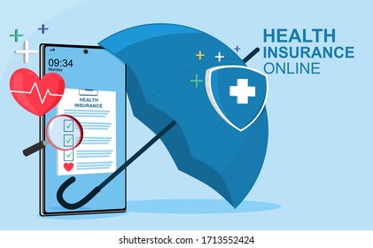 Health insurance online concept. Healthcare on mobile.Healthcare, finance and medical service. Vector illustration about health insurance.