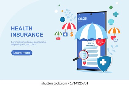 Health insurance online concept. Healthcare on mobile.Healthcare, finance and medical service. Vector illustration about health insurance.