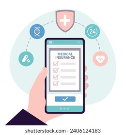 Health insurance online concept. Healthcare on mobile phone. Health care, finance and medical service. Technology for purchasing insurance policy online. Protection and security. vector illustration