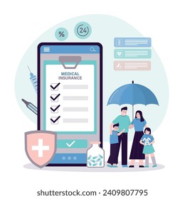 Health insurance online concept. Medical insurance for all family. Parents with kids under huge umbrella. Healthcare, finance and medical service. Technology for purchasing insurance policy online.