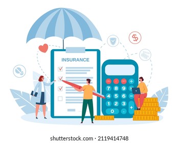 Health insurance. Patient completing insurance form, ticking points with info. Doctor assisting man, providing medical service. Character healthcare. Calculating money, finance vector
