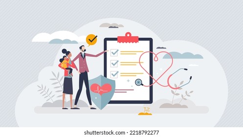 Health insurance and patient disease financial coverage tiny person concept. Medical expenses security with life assurance agreement vector illustration. Healthcare money assistance and support policy