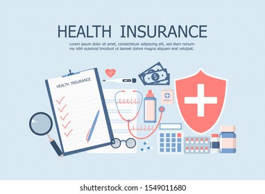 Health insurance plan concept. Filling out a form of health insurance, medicine, treatment, equipment, money, prescription medications. Flat vector illustration on blue background.