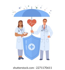 Health insurance policy and guaranteed help from professional doctors and medical staff. Assistance and coverage in case of accident. Vector in flat style