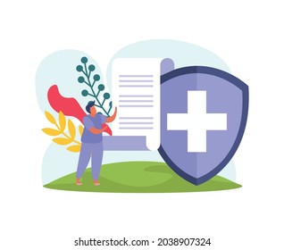 Health Insurance Policy Icon With Flat Shield And Human Character Vector Illustration