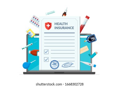 Health Insurance Policy With Medical Supplies Medicine Drugs Pills Tablets On Laptop Screen. Online Healthcare Service And Pharmacy Medications Concept Modern Flat Design Concept Vector Illustration