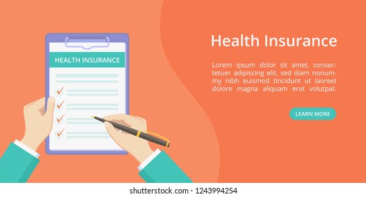 Health insurance policy on clipboard with hands landing page concept. Online service for medical insurance quotes red web page with flat doctor hands, filing health policy checklist form on clipboard