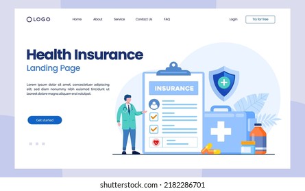 health insurance, policy, health protection, claim insurance, healthcare, medical, flat illustration vector landing page