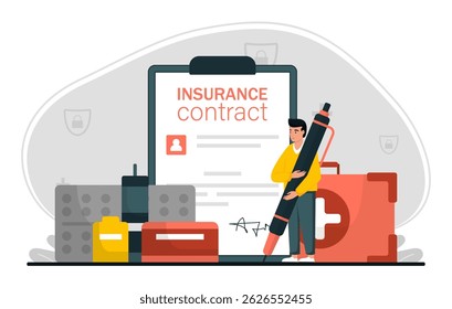 Health insurance policy scene. Man fill medical contract with giant pen. Healthcare, safety and protection. Agreement document. Financial coverage medicine and drugs. Flat isolated vector illustration