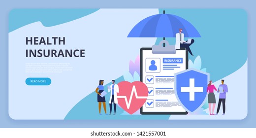 Health Insurance Protection. Care Medical With Decorated Small People Character. Filling Medical Documents. Healthcare Concept. Vector Illustration Flat Design Style