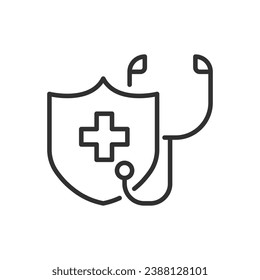 Health insurance and protection, linear icon. Shield and stethoscope. Line with editable stroke