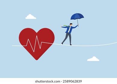 Health insurance, robust individual with an umbrella safeguard traverses perilous path with heartbeat reminiscent of tightrope walking. 