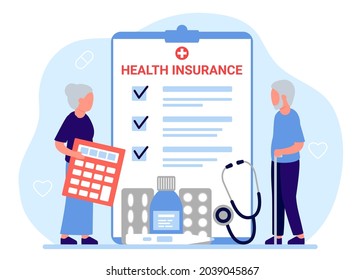 Health Insurance Senior People, Tax Claim Law Document. Elderly Man And Woman Count Medical Form Of Healthcare With Calculator. Vector Illustration