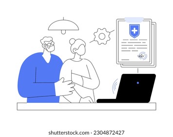 Health insurance for seniors abstract concept vector illustration. Elderly couple talks to insurance company representative, business industry, health and life protection abstract metaphor.