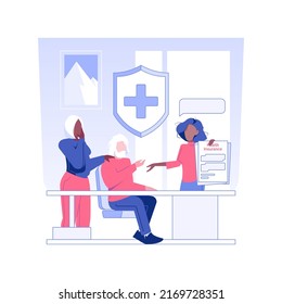 Health insurance for seniors isolated concept vector illustration. Elderly couple talks to insurance company representative, business industry, health and life protection vector concept.