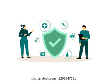 Health insurance. Shield protection for family flat vector illustration. Health and life insurance concept for banner, website design or landing web page