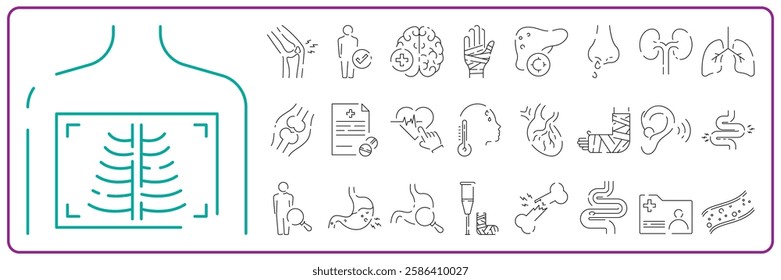 Health insurance, social responsibility. Medical check up and Medicine Hospital line icon set