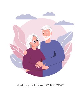 Health insurance template - health insurance plan for the elderly. The elderly couple are smiling. Modern flat vector concept digital illustration of a happy elderly couple